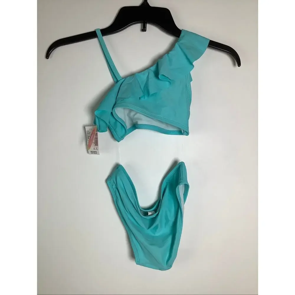 The Children's Place Girl's M Time For Teal One Shoulder Ruffle Bikini Set D7-6